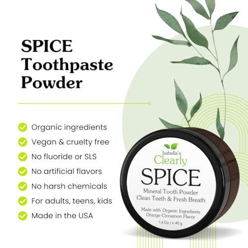 Isabella’s Clearly Spice Remineralizing Tooth Powder | Teeth Whitening Natural Toothpaste Fluoride Free for Adults, Kids, Sensitive Teeth & Gums | Xylitol, Baking Soda, Clay, Calcium, Cinnamon, Clove