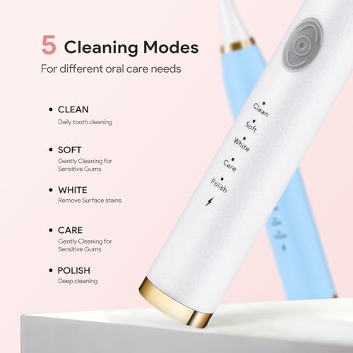 Dnil 2 Pack Electric Toothbrush for Adults and Kids, Travel Toothbrush Includes 10 Replacement Toothbrush Heads, 5 Modes with 2 MIN Smart Timer (Blue White)