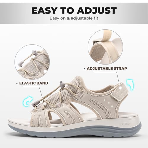 FitVille Women's Orthopedic Wide Sandals with Arch Support Breathable Adjustable Strap Comfortable Walking Sandals For Plantar Fasciitis, Swollen Feet 7 Wide Beige