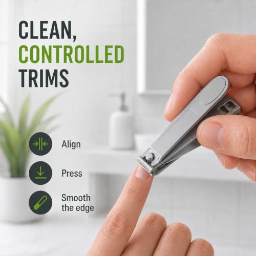 Precision Fingernail Clippers with File & Cleaner - Sharp Ergonomic Stainless Steel Nail Clipper with Easy-Press Lever (3.5 Inch Standard Size)