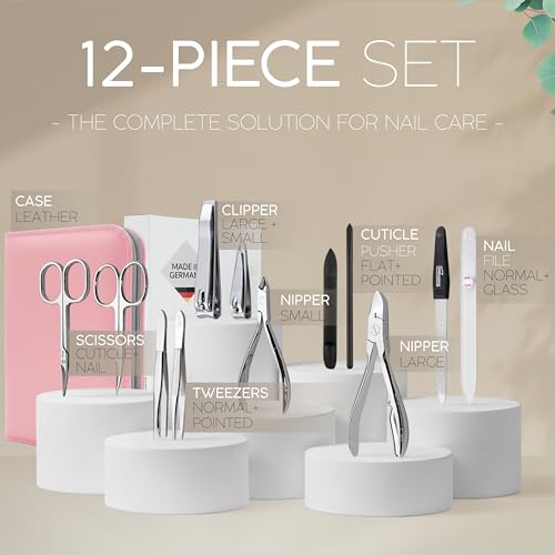 Manicure Set Women and Men – 12-Piece Professional Grooming Kit with Premium Tools, Genuine Leather Case, and Exclusive Glass Nail File for Hand & Foot Care, German Quality Pink