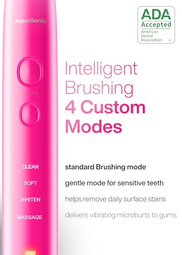 Aquasonic Vibe Series Ultra-Whitening Toothbrush – ADA Accepted Electric Toothbrush - 8 Brush Heads & Travel Case – 40,000 VPM Motor & Wireless Charging - 4 Modes w Smart Timer – Electric Pink