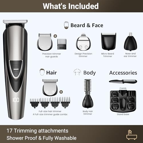 Rechargeable Beard Trimmer for Men: 𝟏𝟐-in-1 Grooming Kit Dark Black