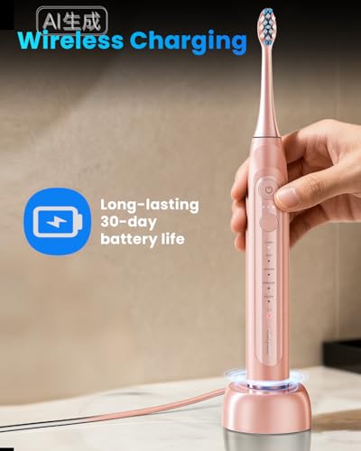 Onlyone Electric Toothbrush for Adults, Rechargeable Electric Toothbrush with 8 Brush Heads, Travel Case, Charging Base & Wireless Charging - 5 Modes with Smart Timer, Pink
