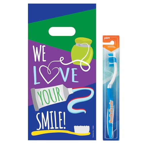 Practicon We Love Your Smile 6" x 12" dental bag, dental hygiene patient care goodie bag, dentist office plastic gift bags, 100 pack 6" x 12"