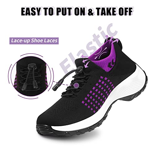 Women's Orthopedic Comfort Walking Shoes, Cushioned Stretch Sneakers 8.5 Black-purple