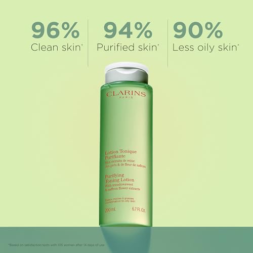 Clarins Purifying Toning Lotion | Less Oily Skin After 14 Days of Use* | Cleanses, Hydrates, Purifies, Mattifies and Balances Skin's Microbiota | Contains Witch Hazel | Combination To Oily Skin Types 6.7 Fl Oz (Pack of 1)