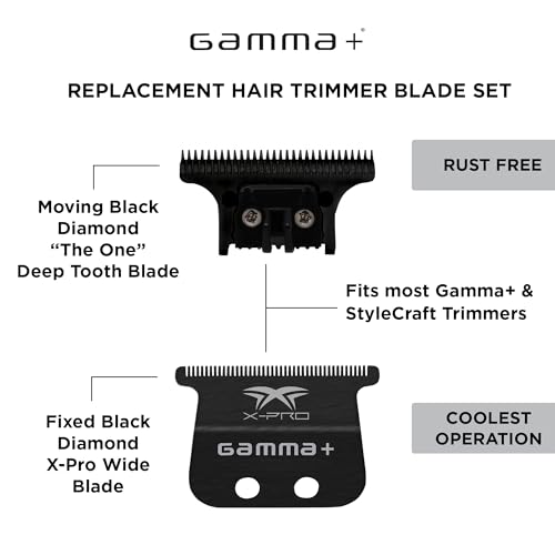 GAMMA+ Hair Trimmer Fixed Moving Blade Replacement Professional Grade X-Pro Black Diamond Carbon DLC Wide / The One DLC