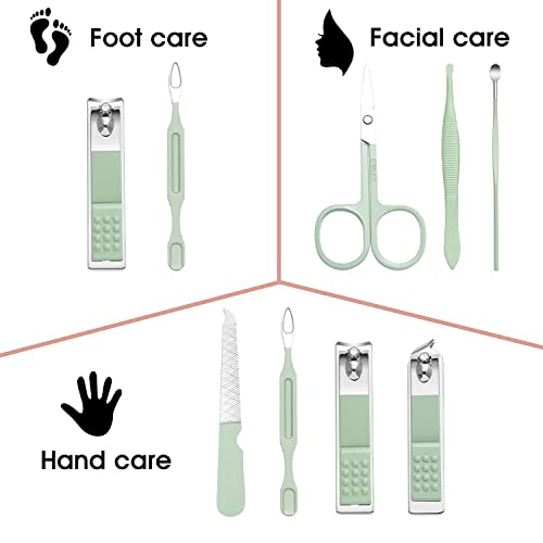 Manicure Set Nail Kit - 7 Pcs Travel Nail Clippers with Green Leather Bag