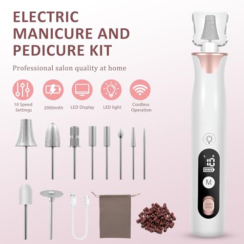 ZABOUL Electric Nail Drill, Professional Nail Filer Buffer Rechargeable Manicure Pedicure Kits for Acrylic Nails Gel Polishing Removing Manicure Salon Home Gold
