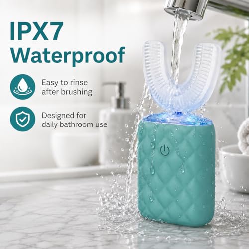U Shaped Electric Toothbrush for Adults - Ultrasonic Automatic 360° Mouth Cleaning Toothbrush, Hands-Free Full Mouth Sonic Toothbrush with 5 Modes, IPX7 Waterproof Rechargeable (Turquoise)