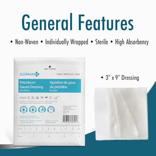 Dynarex Dürma+ Petroleum Gauze Dressings - Sterile Non-Adherent Impregnated Gauze Pads - Maintains Moist Environment and Minimizes Sticking - 3" x 9" - 50 Per Box 50 Count (Pack of 1)
