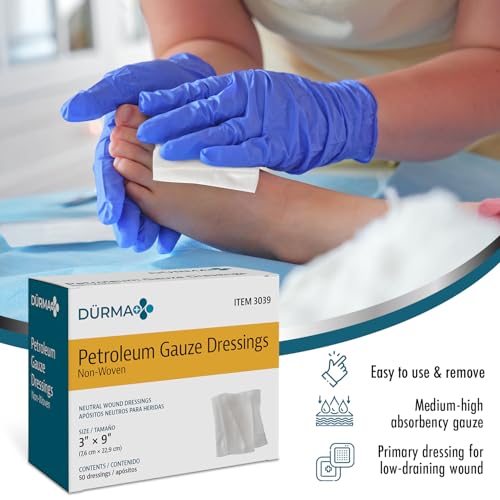 Dynarex Dürma+ Petroleum Gauze Dressings - Sterile Non-Adherent Impregnated Gauze Pads - Maintains Moist Environment and Minimizes Sticking - 3" x 9" - 50 Per Box 50 Count (Pack of 1)