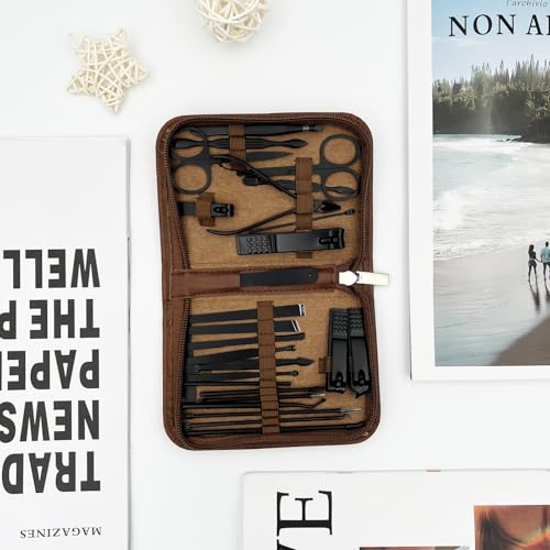 Brown Deluxe 26-Piece Stainless Steel Manicure & Pedicure Grooming Kit with Premium Travel Case