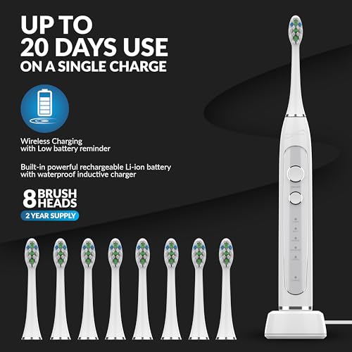 Supersonic TB-5100 Sonic Zoom Advanced Whitening Electric Toothbrush | 40,000 VPM | Wireless Charging | 5 Cleaning Modes | 8 Brush Heads | Auto Timer | Travel Case | White