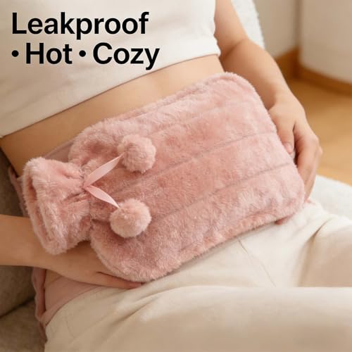 Hot Water Bottle with Cover 2L – PVC Heat Pack for Menstrual Cramps, Back Pain & Bed Warmer – Leakproof Hot & Cold Compress, Ultra-Soft Touch, Ideal for Hand/Feet Warmer (Pink) Pink