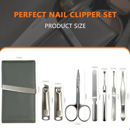 7-Piece Precision Men’s Nail Grooming Travel Kit, Stainless Steel Manicure Set with Fingernail & Toenail Clippers, Nail File, Slant Tip Tweezers, Cuticle Scissors, Exquisite Leather Case(Grey) Grey