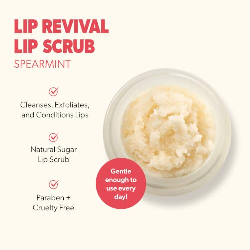 Beauty For Real Lip Revival, Spearmint - Exfoliating & Hydrating Sugar Lip Scrub - For Dry, Chapped or Lipstick-Stained Lips - With Essential Oils - Organic, Vegan - 0.15 oz 1 Pack