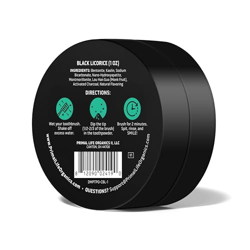 Primal Life Organics - Dirty Mouth Toothpowder, Activated Charcoal Tooth Cleaning Powder, Essential Oils Natural Kaolin Bentonite Clay, 200+ Brushings, Organic Vegan (Charcoal Black Licorice, 1 oz) 1 Ounce (Pack of 1) Charcoal Black Licorice