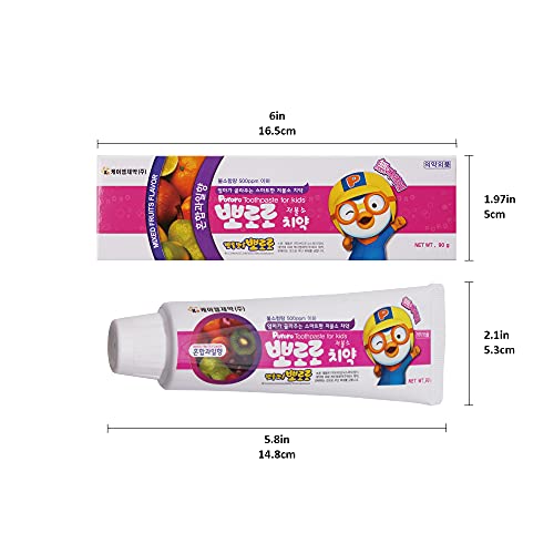 Pororo Kids Whitening Sensitive Toothpaste - Cavity Protection Low Fluoride Oral Care with 4 Fruit Flavors, Improving Gum Health, Removing Plaque to Strengthen Enamel 90g/3.17 Oz(Melon - 4 Packs) Mixed Fruits