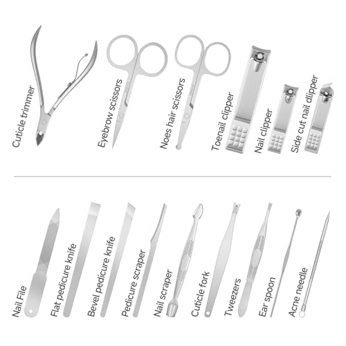 Nail Clippers Set - 15 Pcs Professional Manicure Pedicure Kit Gifts for Fathers Day Men Women, Stainless Steel Fingernail Toenail Cutters, Nail Care Grooming Tools with Luxurious Leather Travel Case