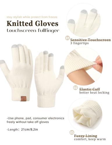 Hat Gloves Scarf Set For Women, Womens Winter Hats Fleece Lined Slouchy Beanie With Pom Scarf Thermal TouchScreen Gloves Sets Ivory