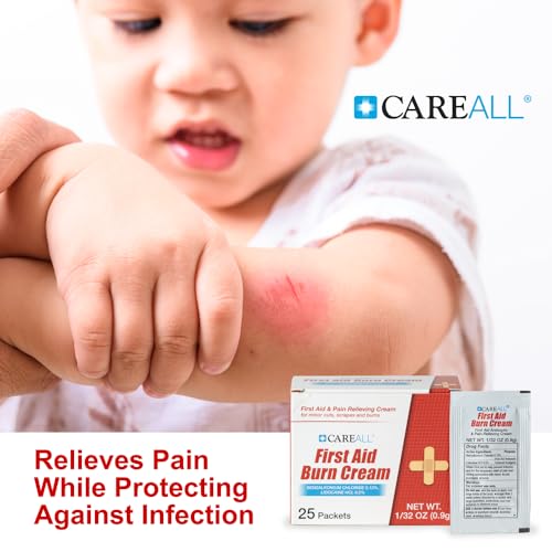 CareALL First Aid Burn Relief Cream 0.9g Packets (Pack of 25) Pain Relieving First Aid Cream for Temporary Relief of Pain from Minor Burns, Cuts, and Scrapes. Prevents Infection