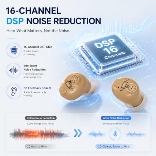 Rechargeable Hearing Aids for Seniors, 16-Channel DSP Noise Reduction Hearing Amplifier, Invisible In-Ear Design Volume Control, 35 Hours Battery Life with Charging Case, Easy to Use for Adults-Black Black