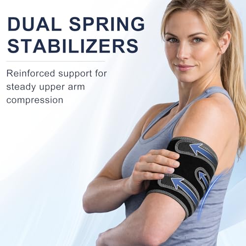 Bicep Tendonitis Brace for Pain Relief, Upper Arm Compression Support with Dual Spring Stabilizers for Biceps & Triceps, Adjustable Arm Compression Wrap for Sports, Gym & Daily Use S/M