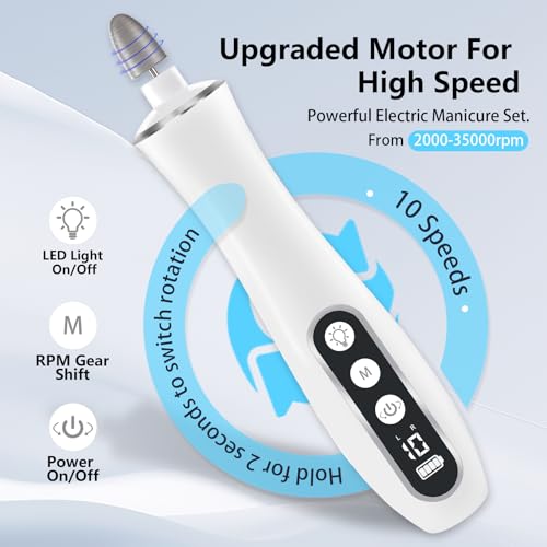 Electric Nail File Drill Cordless 2000 mAh Rechargeable 10-Speed Nail Filer White