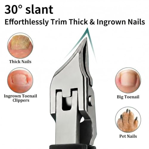 Nail Clippers Set for Seniors Thick Toenails, Ingrown 30° Slanted Eagle-Beak Clipper with Wide Jaw Opening, Anti-Splash Catcher, Long Handle Stainless Steel Kit for Men Women Adults Black