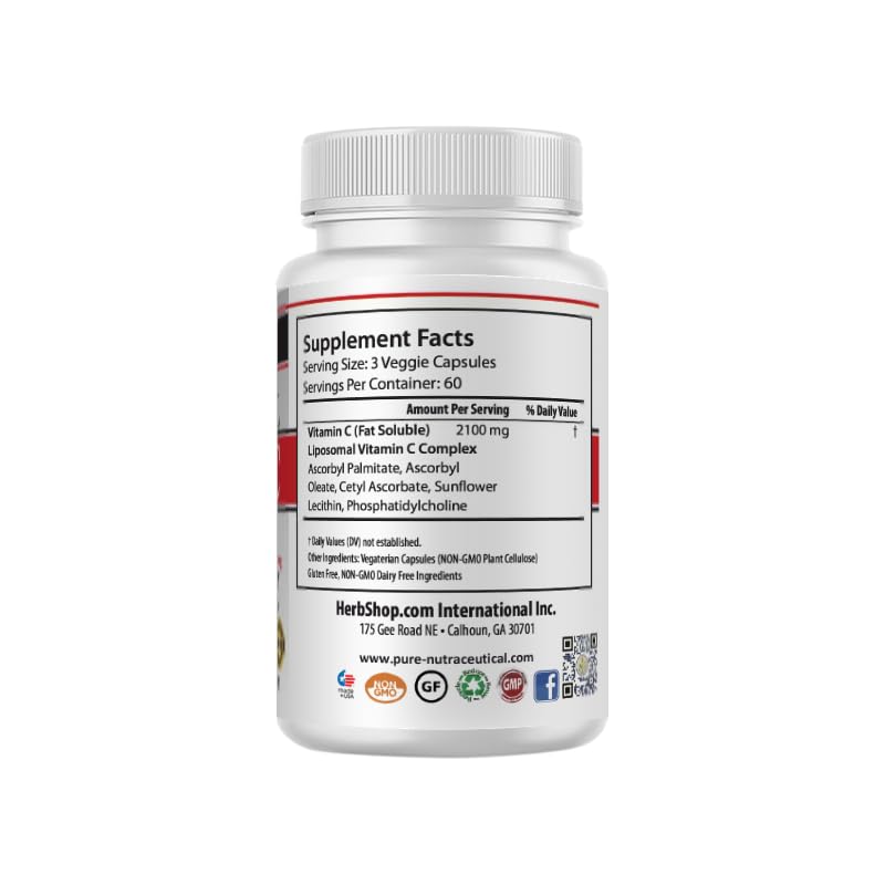 Herbshop® Liposomal Vitamin C 2100mg - 180 Capsules, 60 Servings - High Absorption Immune Support Supplement with Sunflower Lecithin - Bioavailable Antioxidant for Collagen & Skin - Made in USA