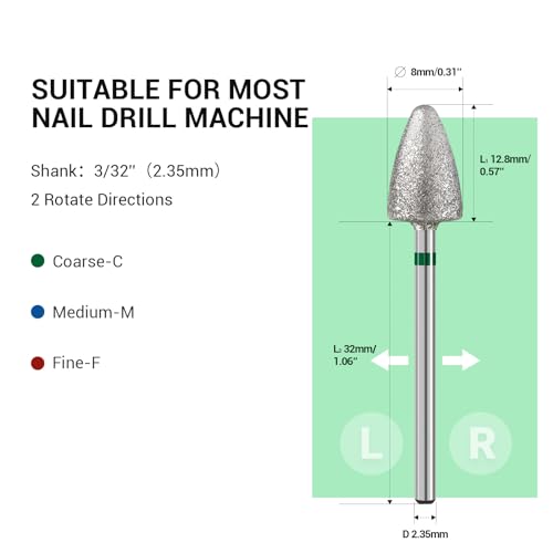 MelodySusie Ceramic Nail Drill Bit with 3Pcs 8mm Diamond Pedicure Cone Drill Bits Set
