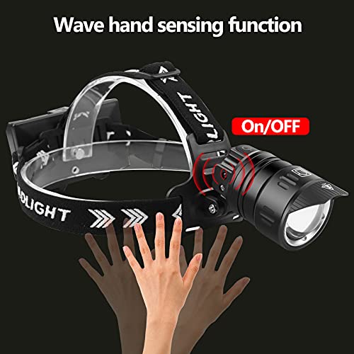 Rechargeable Headlamp Super Bright High Lumen, Powerful Zoomable 3 Modes Waterproof Headlight Motion Sensor LED Headlamps with Power Display for Camping Emergency