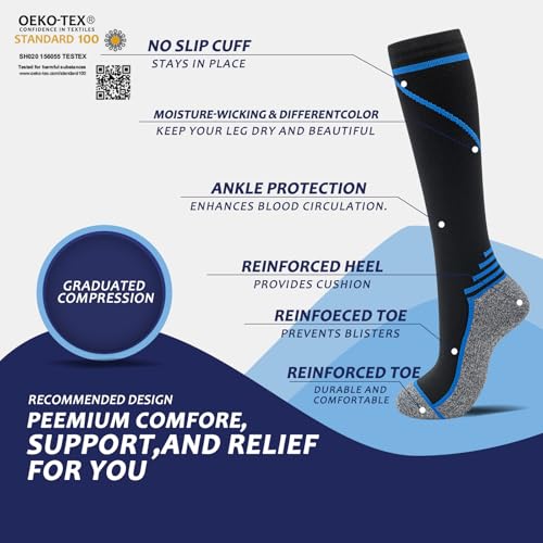 fenglaoda 8 Pairs Compression Socks for Men & Women 20-30 mmHg Knee High Nurse Pregnant Running Medical and Travel Athletic Large-X-Large 00-8 pairs-blue/yellow/grey/white line-NEW