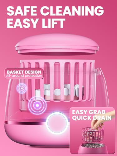 Dental Ultrasonic Retainer Cleaner Machine: Nicwell 200ML Dental Cleaning Pod for Denture, Mouth Guard, Night Guard, Braces, Tray, Aligner 45kHz Cleaner with Protection Design & Digital Timer Pink
