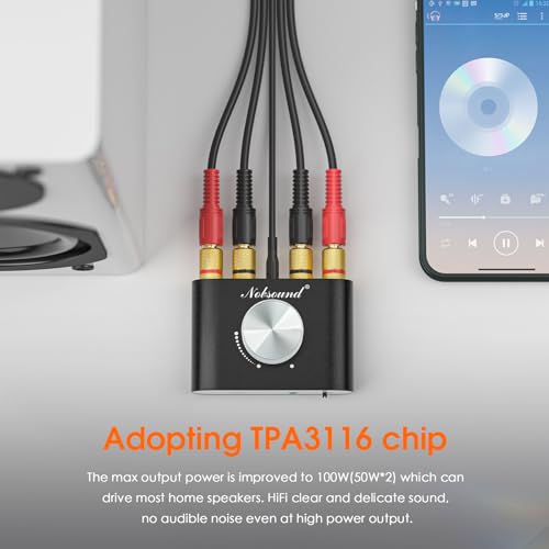 Nobsound Mini Bluetooth 5.0 Power Amplifier, Stereo Hi-Fi Digital Amp 2.0 Channel 50W×2 with AUX/USB/Bluetooth Input, Wireless Audio Receiver, PC Sound Card with Power Supply (Black)