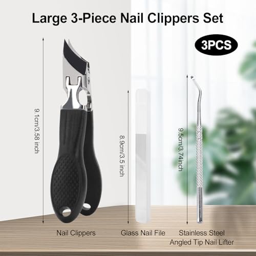Eagle Beak Nail Clippers for Ingrown & Thick Nails – Beveled/Slanted/Angled Blades, Long Handle Wide Jaw, Anti-Splash Ultra Sharp Stainless Steel Edge 3-Piece Set for Men/Women (Black) Black