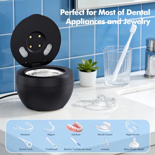 Upgraded Ultrasonic Retainer Cleaner Machine, 48kHz Ultrasonic Dentures Cleaner for Mouth Guards, Braces, Aligner, Toothbrush & Jewelry, 200ML Capacity, Black Light Black