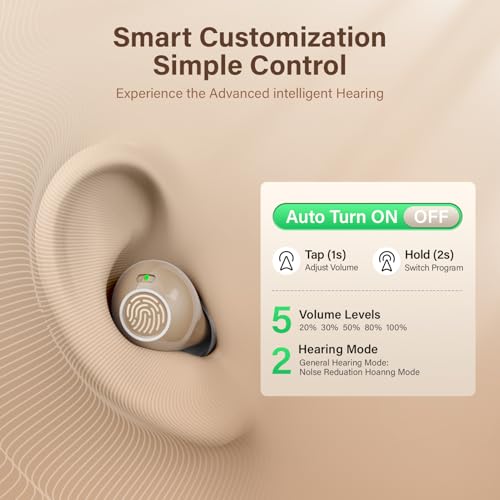 OTC Invisible Hearing Aids for Seniors, Rechargeable Hearing Amplifier for Adults, In-Ear Design with Noise Cancelling & High-Fidelity Sound, 5 Volume Control and Touch Controls for Hearing Loss Beige