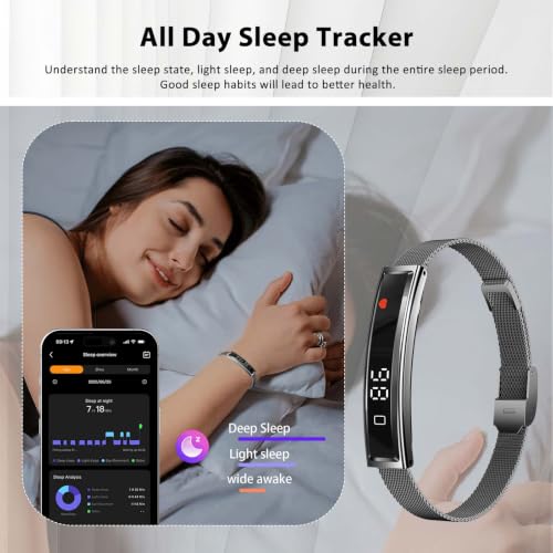 Smart Bracelet Fitness Health Tracker for Men Women with 2 Bands Black Steel + Black Silicone