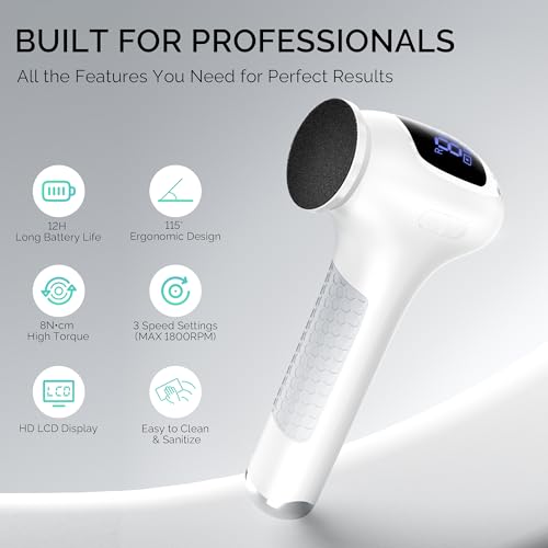L'UGX Electric Foot Callus Removers –Powerful 8N·cm Torque Professional Pedicure Foot File, 3-Speed Settings, LCD Display, 60pcs Sandpaper Discs, Type-C Rechargeable, Ergonomic Handle-White White - Electric Remover