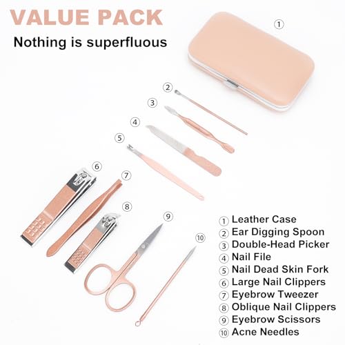 9 PCS Nail Clippers, ONEHERE Premium Manicure Set, Professional Grooming Gift Kit, Pedicure Kit, Facial, Hand, Foot, Cuticle Nail Care Tools, Fingernail Clippers with Luxurious Portable Travel Case Rose Gold 9 Pcs