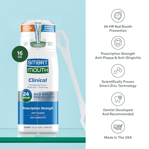 SmartMouth Clinical Zinc Activated Mouthwash with Tongue Cleaner, 16 fl oz 16 Fl Oz (Pack of 1)