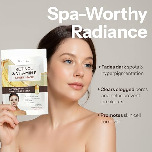 Skin 2.0 Retinol & Vitamin E Sheet Mask - Anti-Aging, Acne Scar & Hyperpigmentation - Hydrating, Dermatologist Tested Korean Skincare - Clean Beauty, Cruelty-Free, All Skin Types - 5 Masks Retinol and Vitamin E