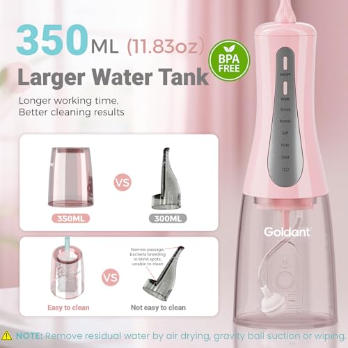 2026 Upgrade 350ML Cordless Water Flosser for Teeth Cleaning & Travel Bag, Dental Flosser Teeth Pick with 5 Modes & 5 Tips, Rechargeable Electric Flosser for Braces, Travel & Home (Pink) Pink