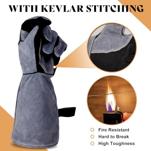 16" Leather Forge Welding Gloves, 932℉ Heat/Fire Resistant, Multi-Use Mitts for TIG/MIG Welding, BBQ, Oven, Baking, Furnace, Beekeeping, Animal Handling & Stove Safety，Ambidextrous Large Crey