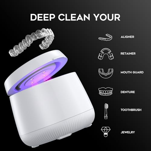 Ultrasonic Retainer Cleaner Machine, Dynamic 42-48kHz Dental Cleaning Pod with Digital Timer, 200ml Mouth Guard Cleaner Pod for Aligners, Night Guards, Dental Trays, Braces & Toothbrushes（White）