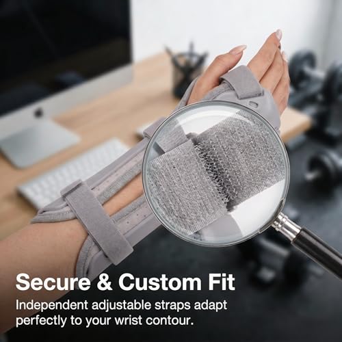 Wrist Brace for Right Hand, Adjustable Adult Night Support Splint, Ultralight Stabilizer for Carpal Tunnel & Arthritis, Pressure-Free Thumb Design, Gray