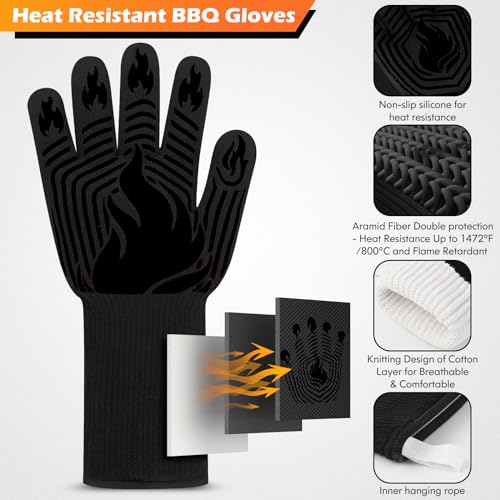 BBQ Gloves, 1472°F Heat Resistant Fireproof Silicone Oven Mitts, Black